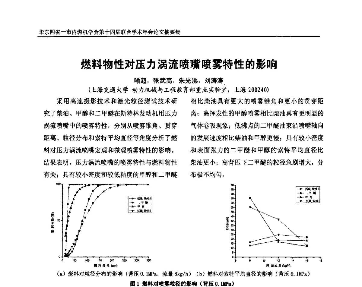 燃料物性对压力涡流喷嘴喷雾特性的影响 - 华东四省一市内燃机学会第十四届联合学术年会