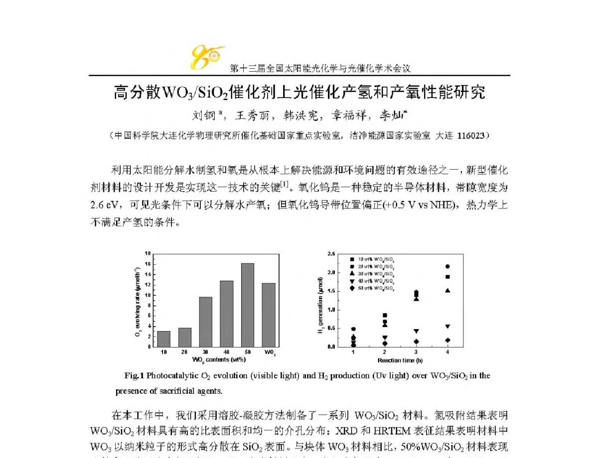 高分散WO3_SiO2催化剂上光催化产氢和产氧性能研究 - 第十三届全国太阳能光化学与光催化学术会议