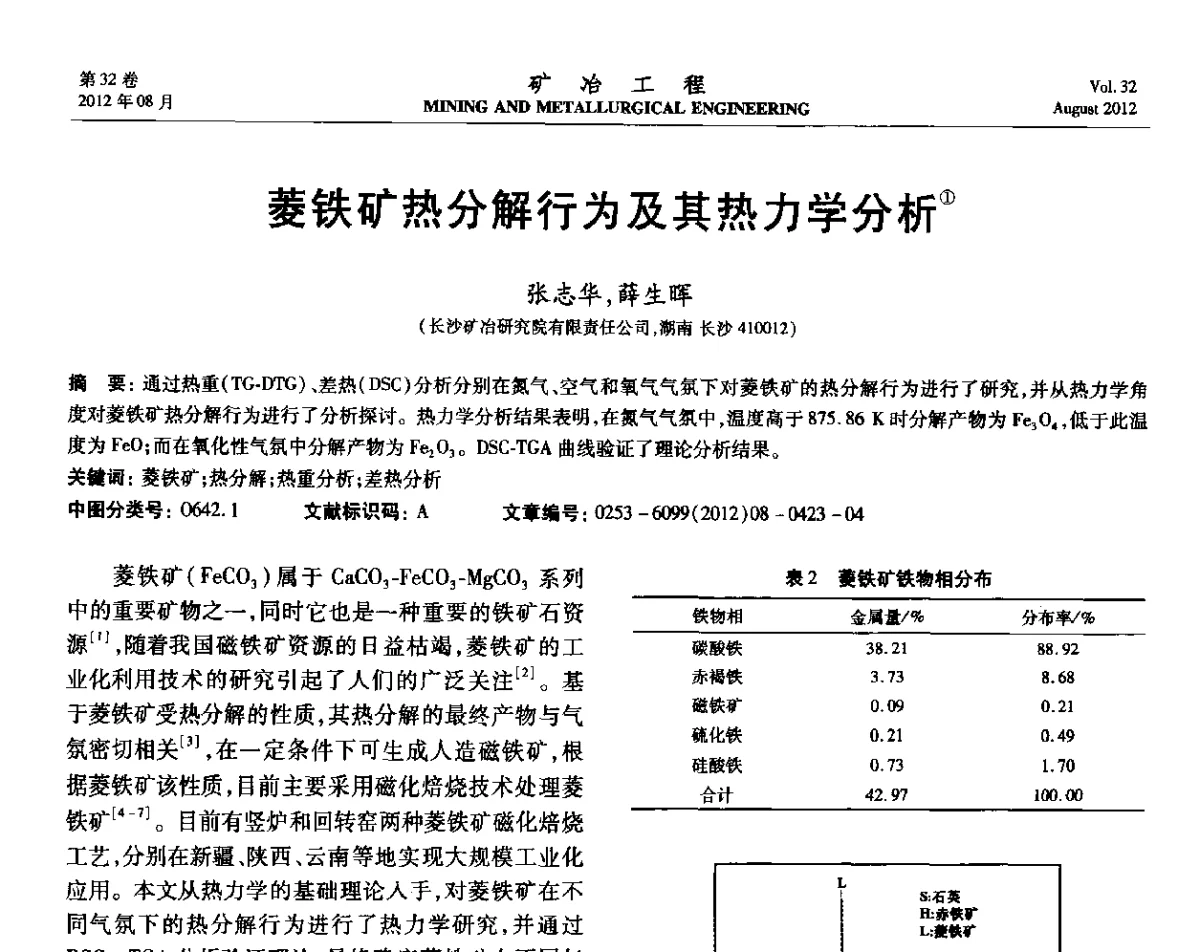 菱铁矿热分解行为及其热力学分析 - 第六届全国选矿专业学术年会