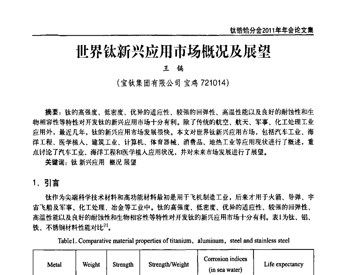 世界钛新兴应用市场概况及展望 - 中国有色金属工业协会钛锆铪分会2011年会