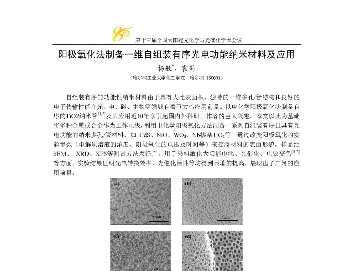阳极氧化法制备一维自组装有序光电功能纳米材料及应用 - 第十三届全国太阳能光化学与光催化学术会议