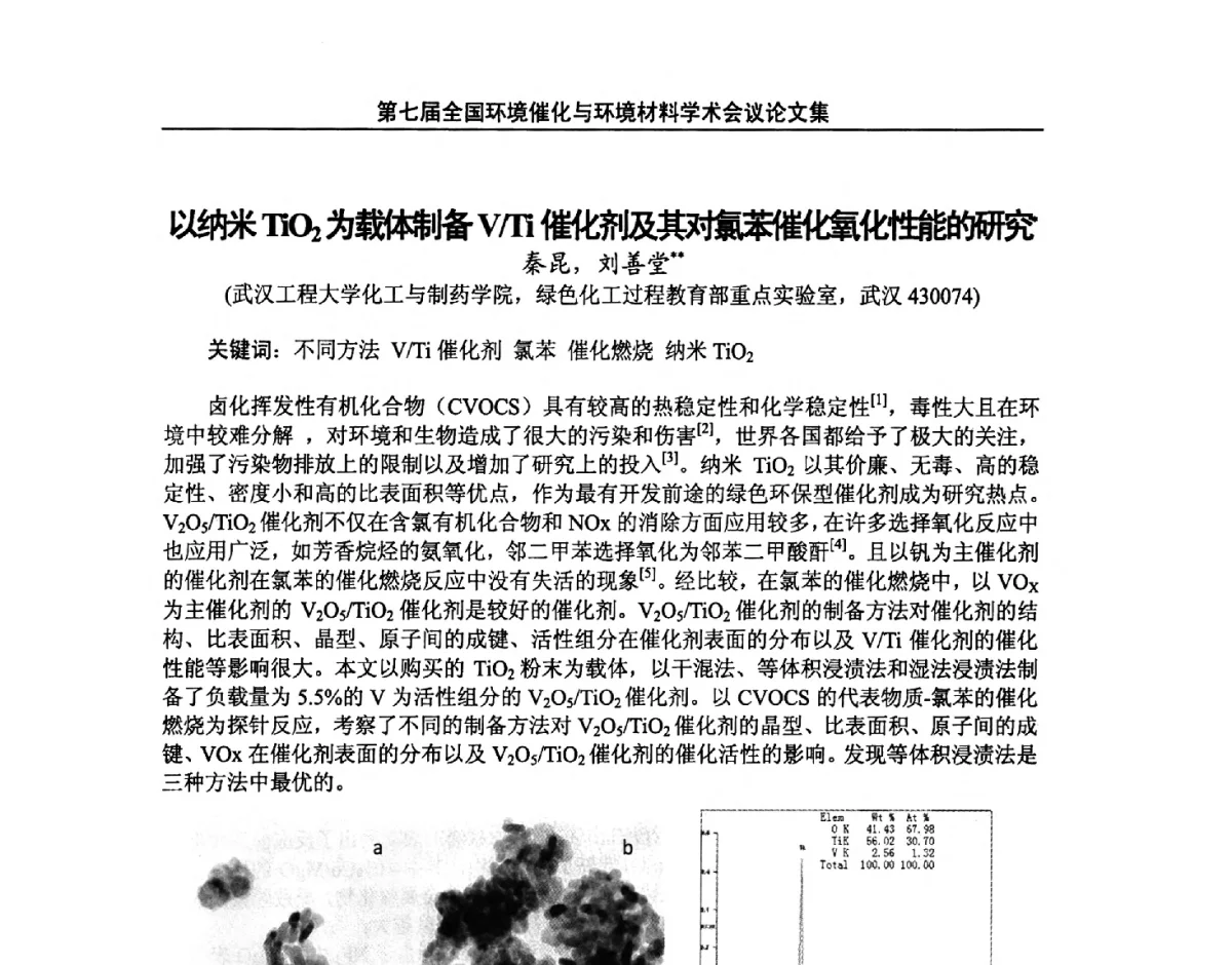 以纳米TiO2为载体制备V_Ti催化剂及其对氯苯催化氧化性能的研究 - 第七届全国环境催化与环境材料学术会议