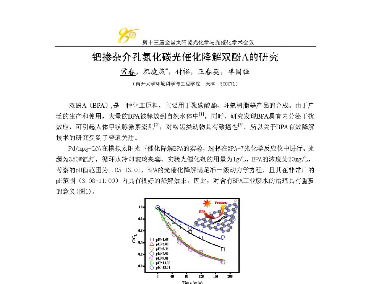 钯掺杂介孔氮化碳光催化降解双酚A的研究 - 第十三届全国太阳能光化学与光催化学术会议