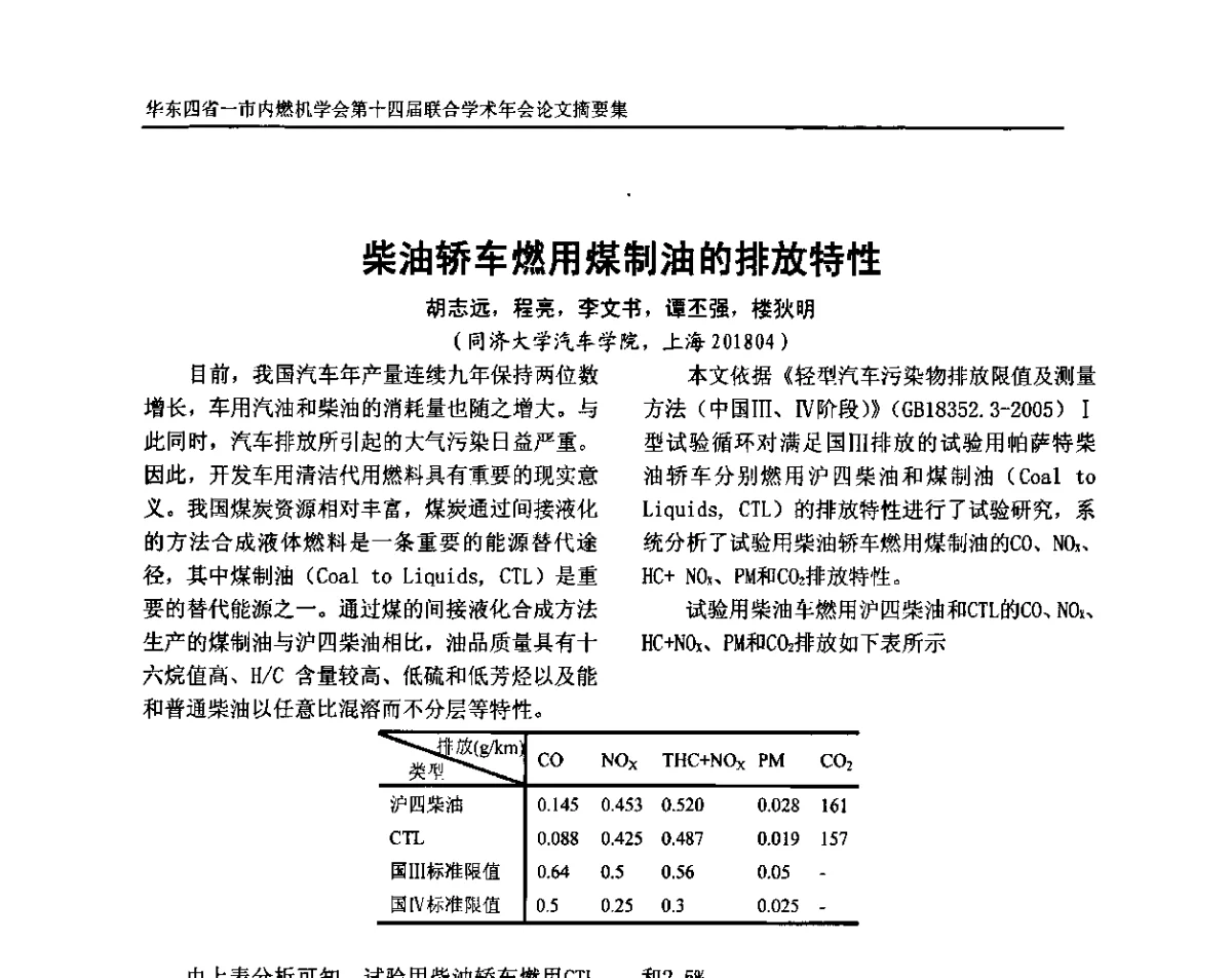 柴油轿车燃用煤制油的排放特性 - 华东四省一市内燃机学会第十四届联合学术年会
