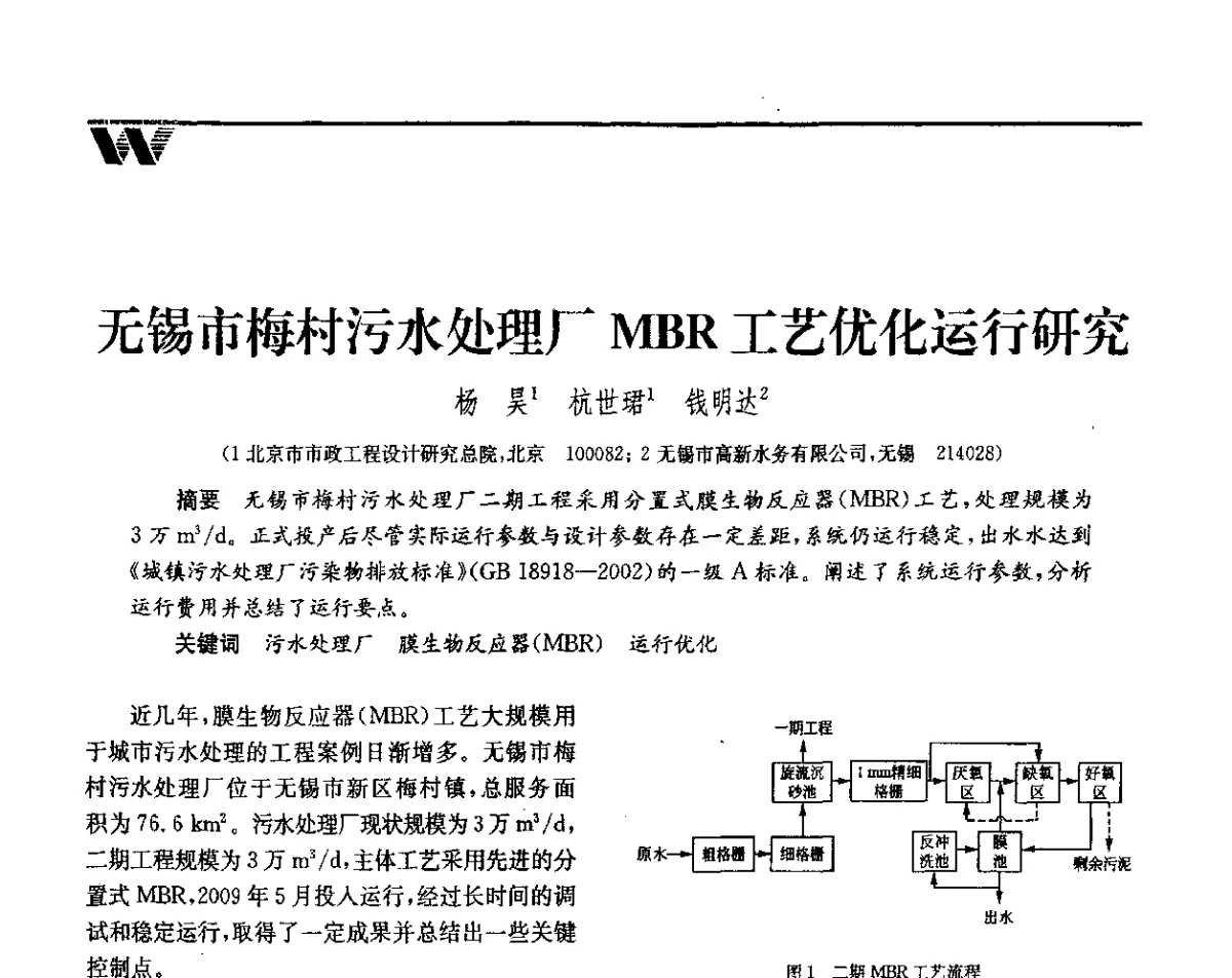 无锡市梅村污水处理厂MBR工艺优化运行研究 - 第二届中国水业院士论坛暨水质安全与保障高峰论坛
