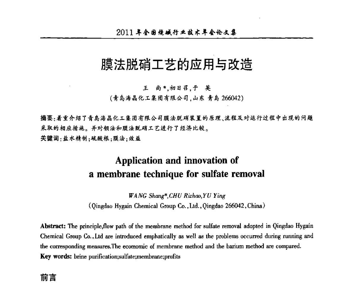 膜法脱硝工艺的应用与改造 - 2011年全国烧碱行业技术年会