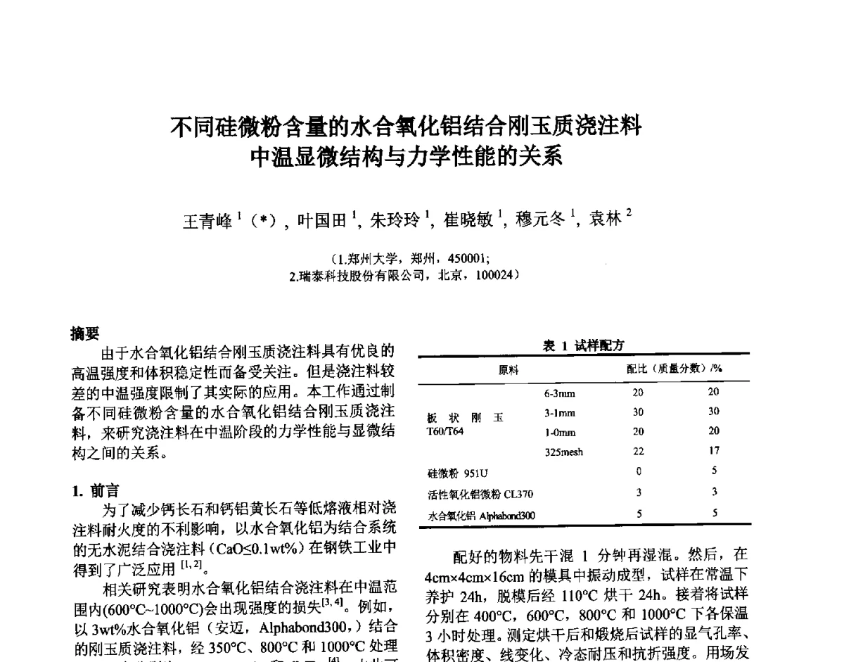 不同硅微粉含量的水合氧化铝结合刚玉质浇注料中温显微结构与力学性能的关系 - 第六届国际耐火材料会议