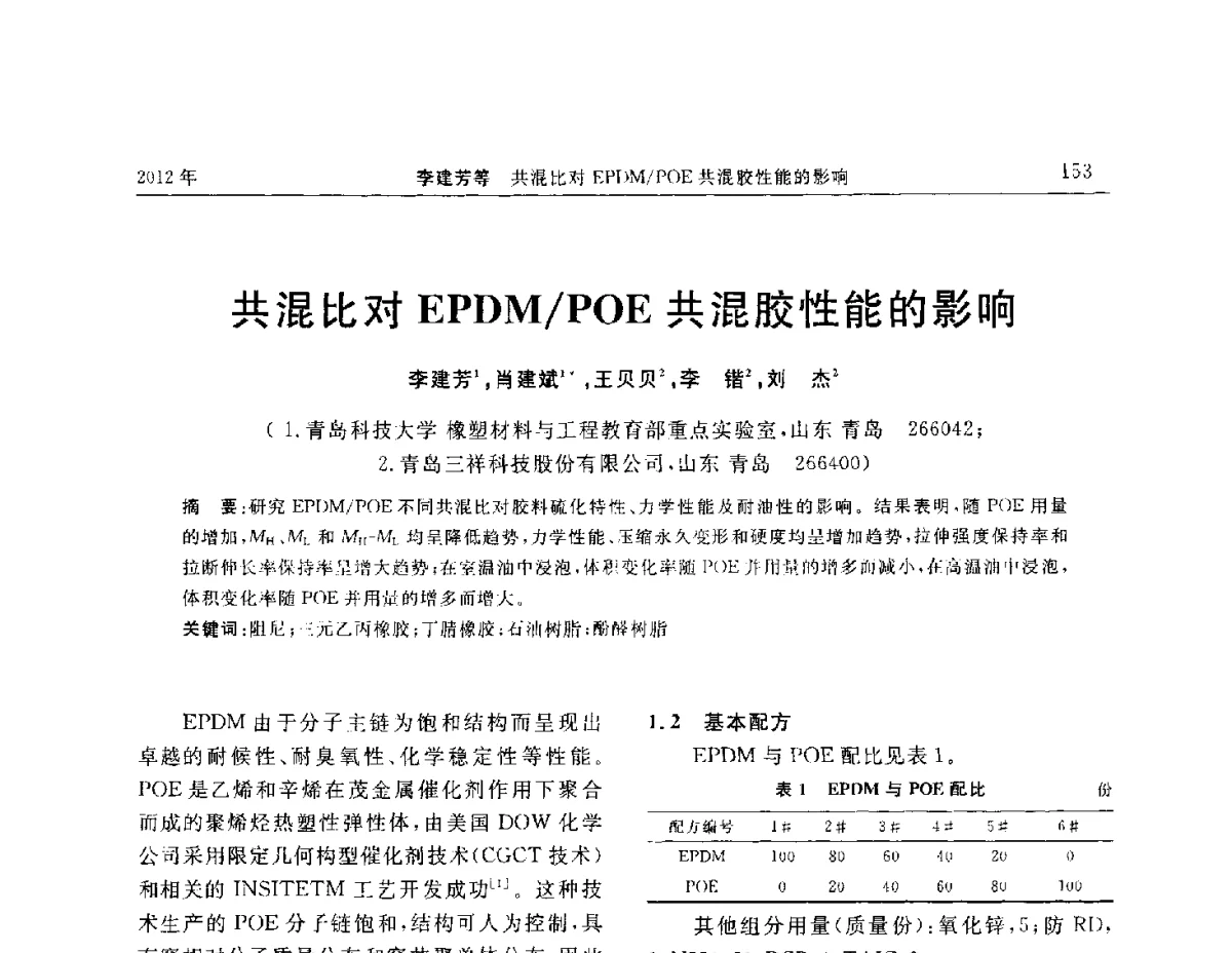 共混比对EPDM_POE共混胶性能的影响 - “温橡”杯2012年橡胶制品新技术交流暨信息发布会