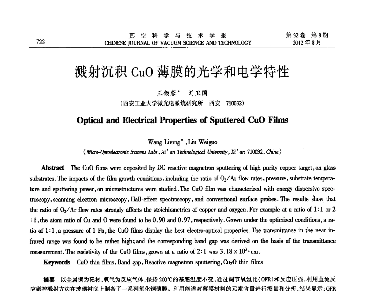 溅射沉积CuO薄膜的光学和电学特性 - TFC‘2011全国薄膜学术研讨会