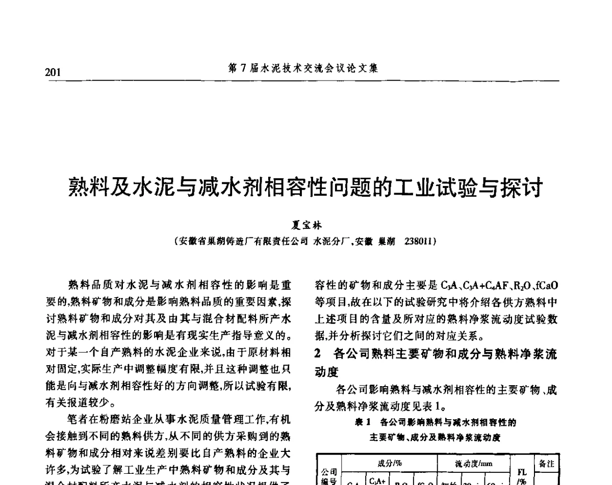 熟料及水泥与减水剂相容性问题的工业试验与探讨 - 第7届水泥技术交流会