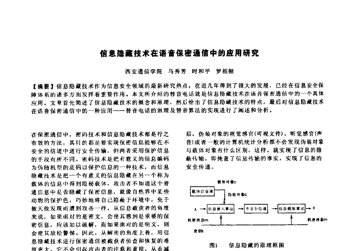 信息隐藏技术在语音保密通信中的应用研究 - 陕西省通信学会2011年学术年会