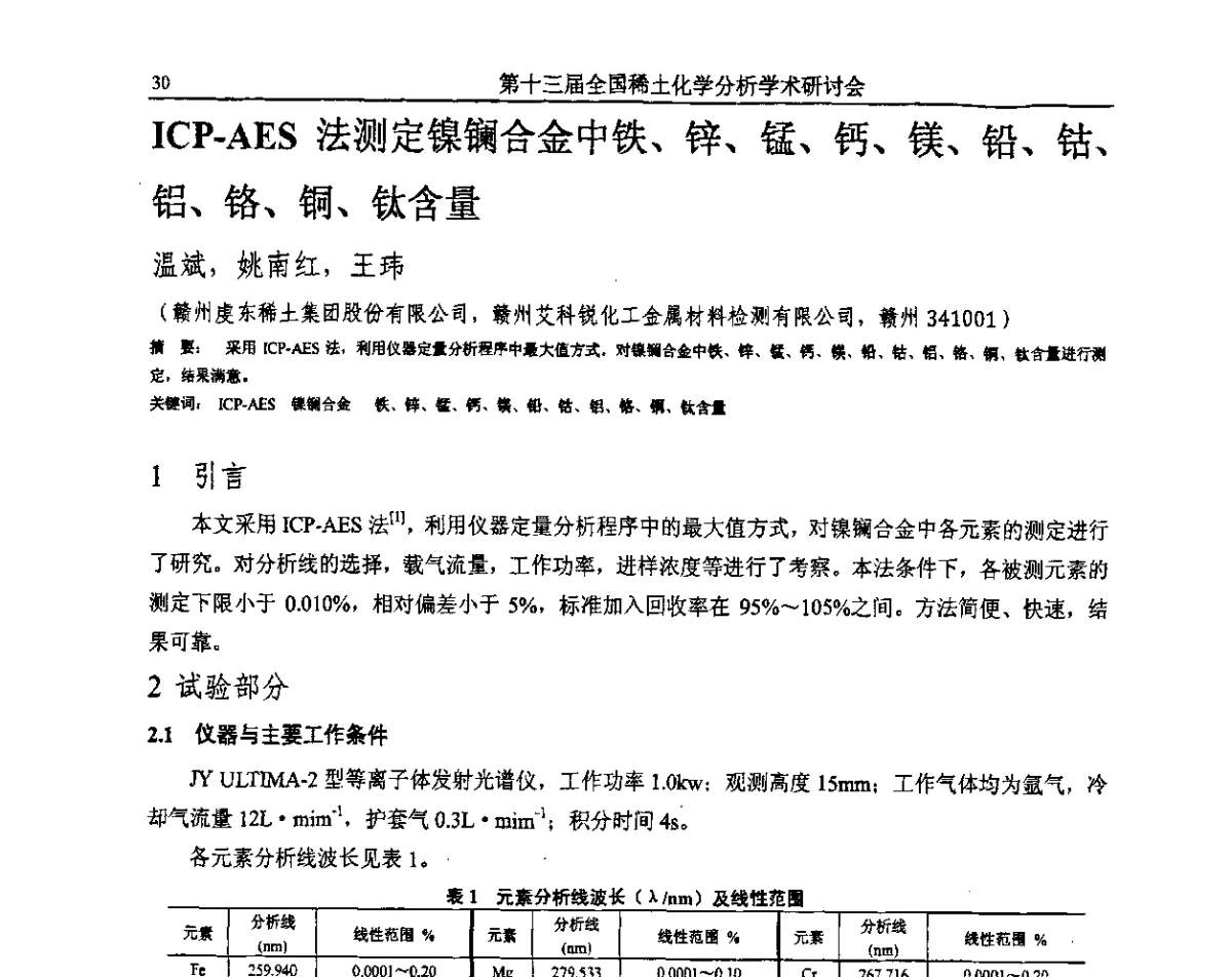 ICP-AES法测定镍镧合金中铁、锌、锰、钙、镁、铅、钴、铝、铬、铜、钛含量 - 第十三届全国稀土化学分析学术研讨会