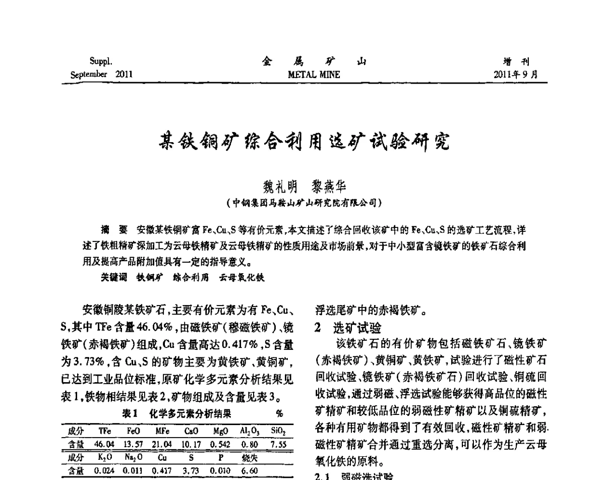 某铁铜矿综合利用选矿试验研究 - 2011全国选矿学术高层论坛
