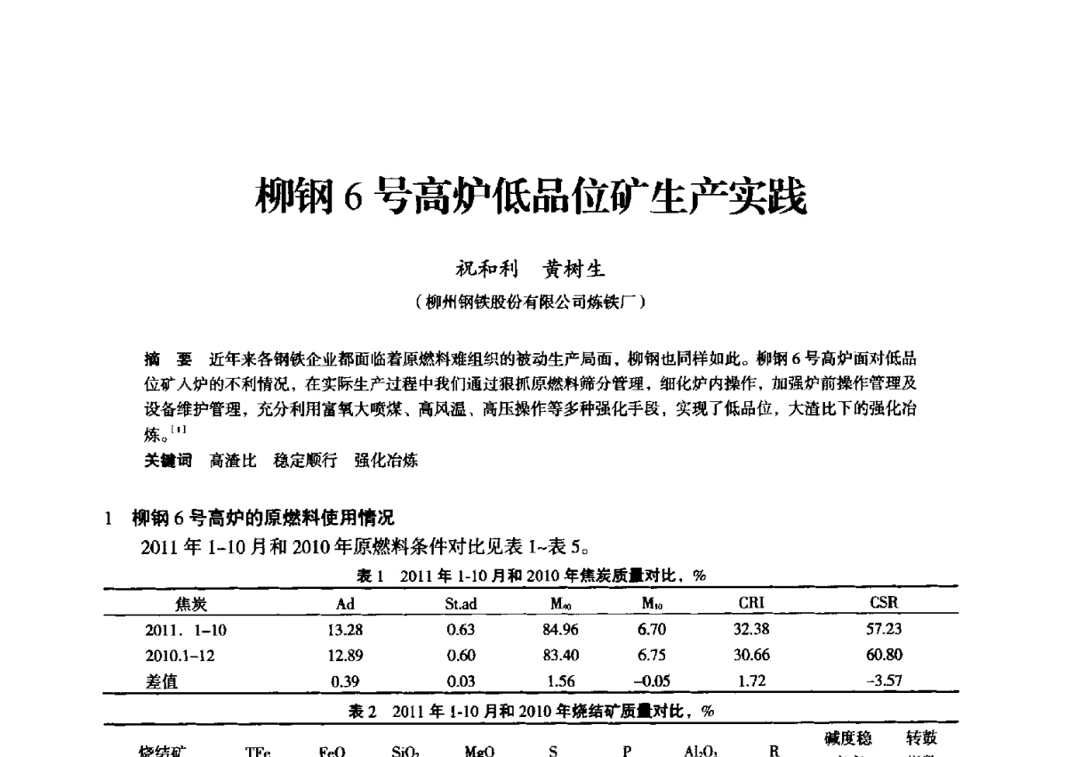 柳钢6号高炉低品位矿生产实践 - 2012年全国中小高炉炼铁学术年会