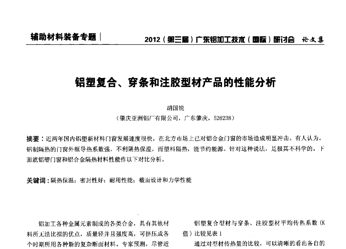 铝塑复合、穿条和注胶型材产品的性能分析 - 2012(第三届)广东铝加工技术(国际)研讨会暨广东有色金属工业发展论坛