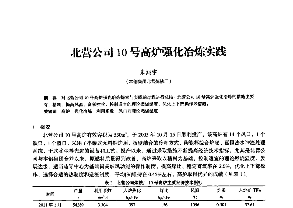 北营公司10号高炉强化冶炼实践 - 2012年全国中小高炉炼铁学术年会