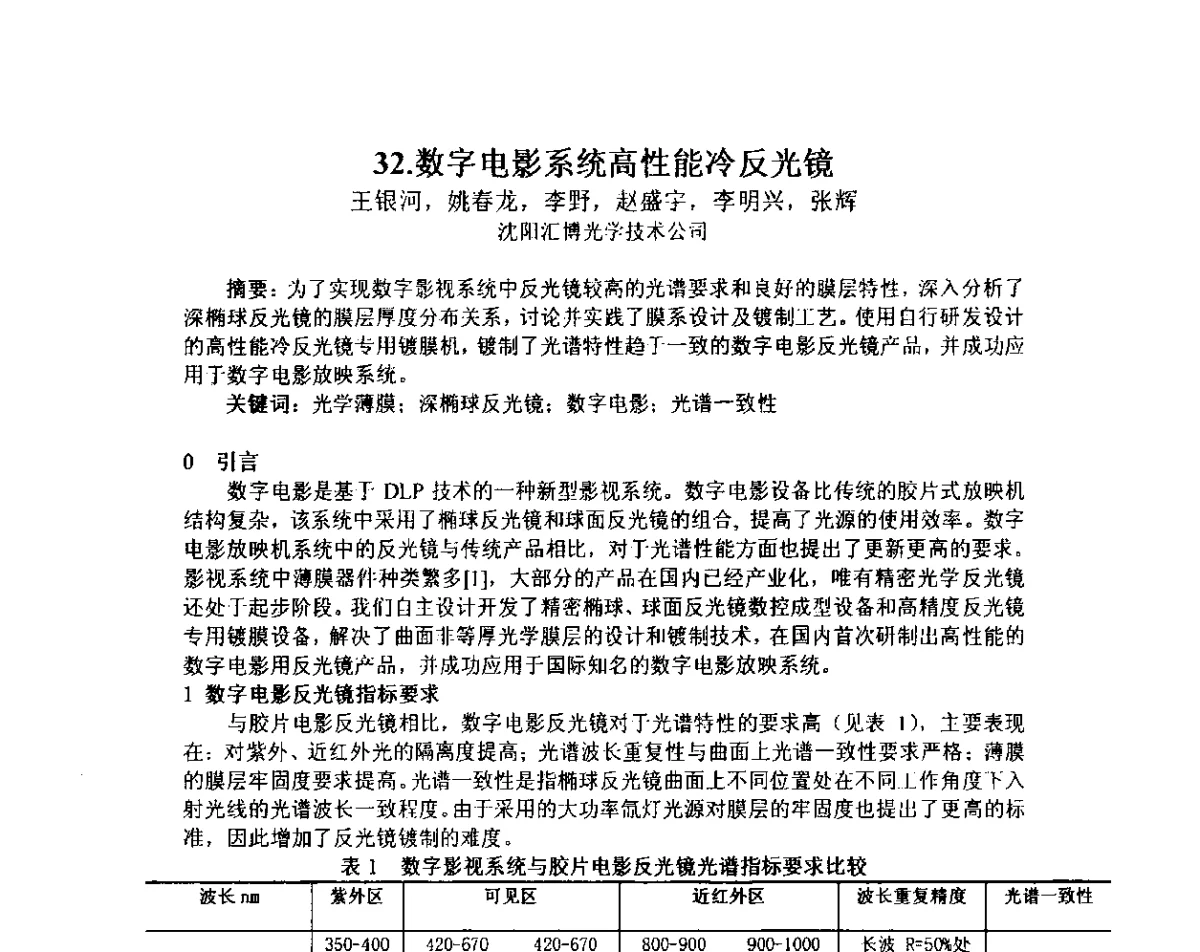 数字电影系统高性能冷反光镜 - 中国仪器仪表学会仪表元件分会第五届仪器仪表元器件研讨会暨广东省仪器仪表学会第二次学术会议