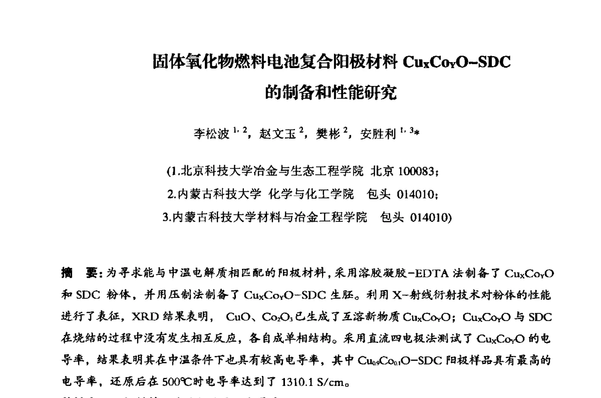 固体氧化物燃料电池复合阳极材料CuxCoyO-SDC的制备和性能研究 - 粉末冶金产业技术创新战略联盟暨2012年第二届中国粉末冶金产业发展论坛