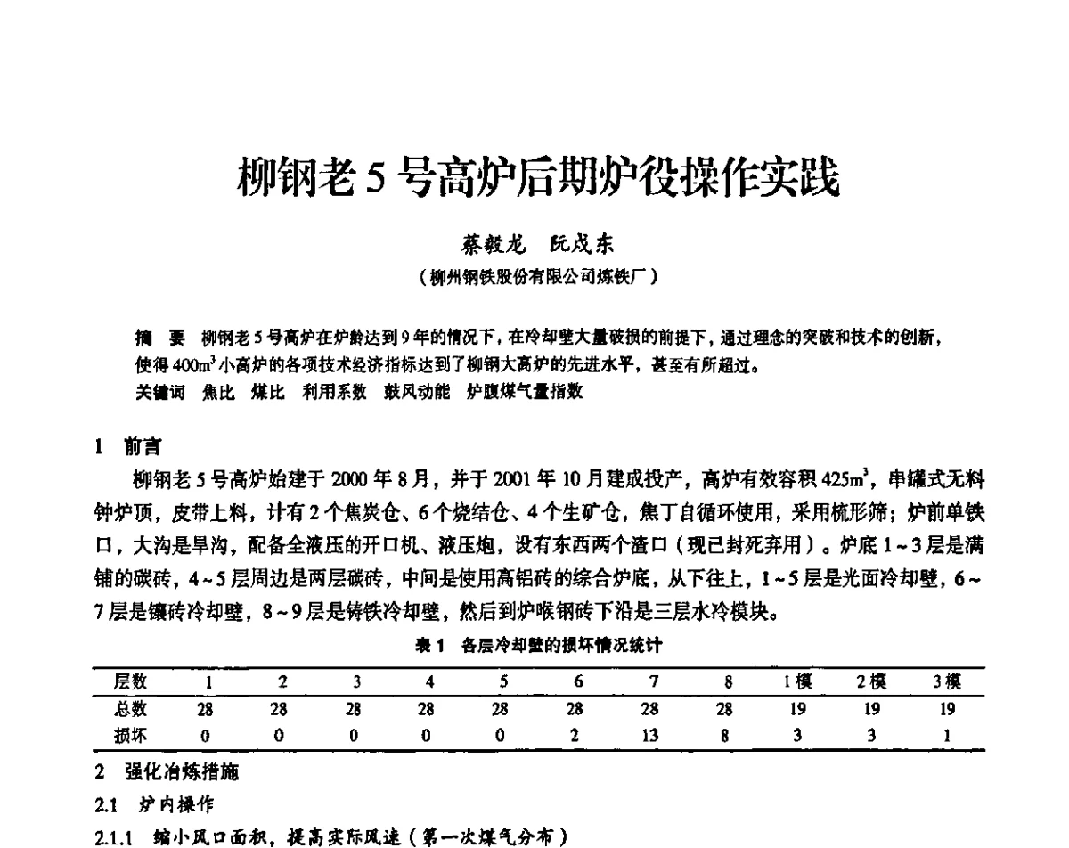 柳钢老5号高炉后期炉役操作实践 - 2011全国中小高炉炼铁学术年会