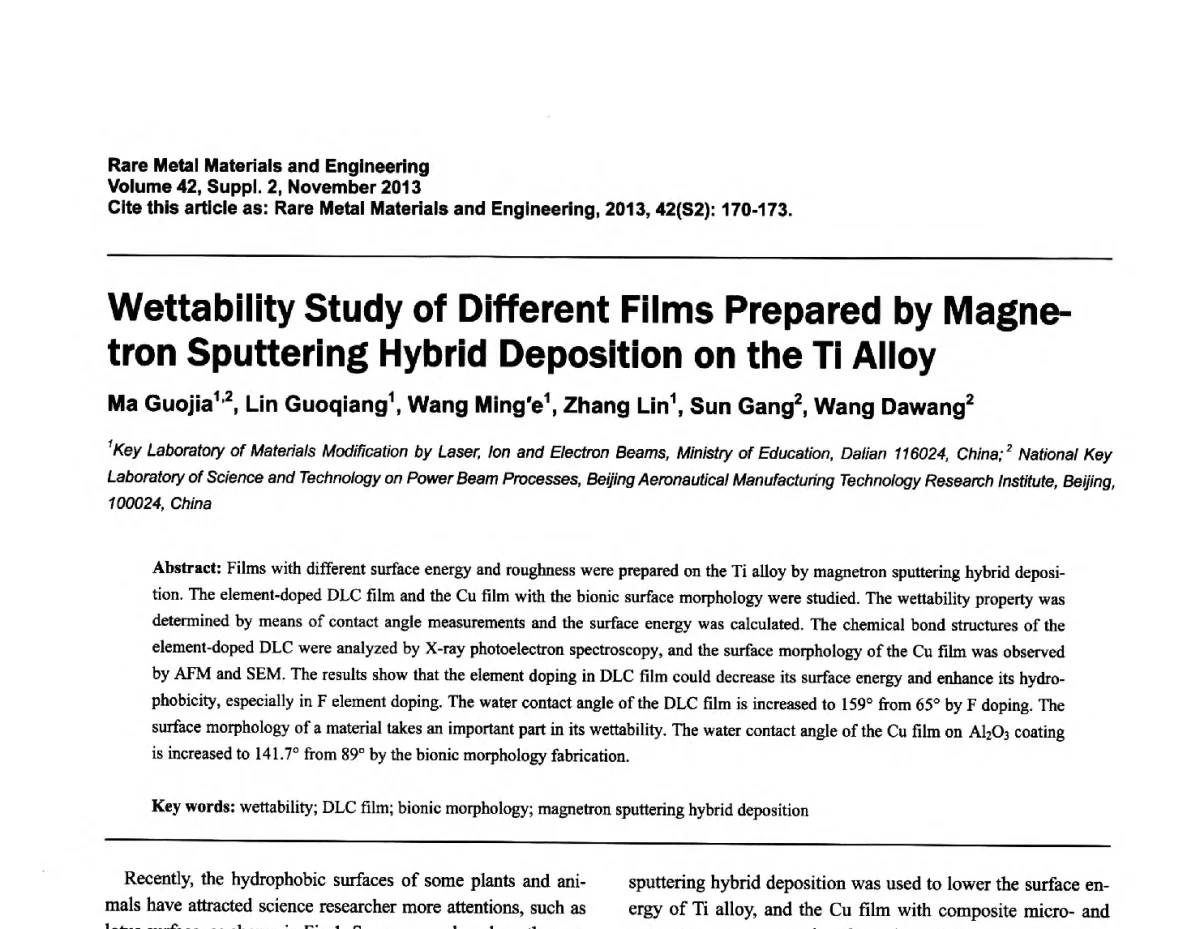 磁控溅射复合沉积在Ti合金上的不同薄膜润湿性能研究 - 第四届高能束加工技术国际学术会议