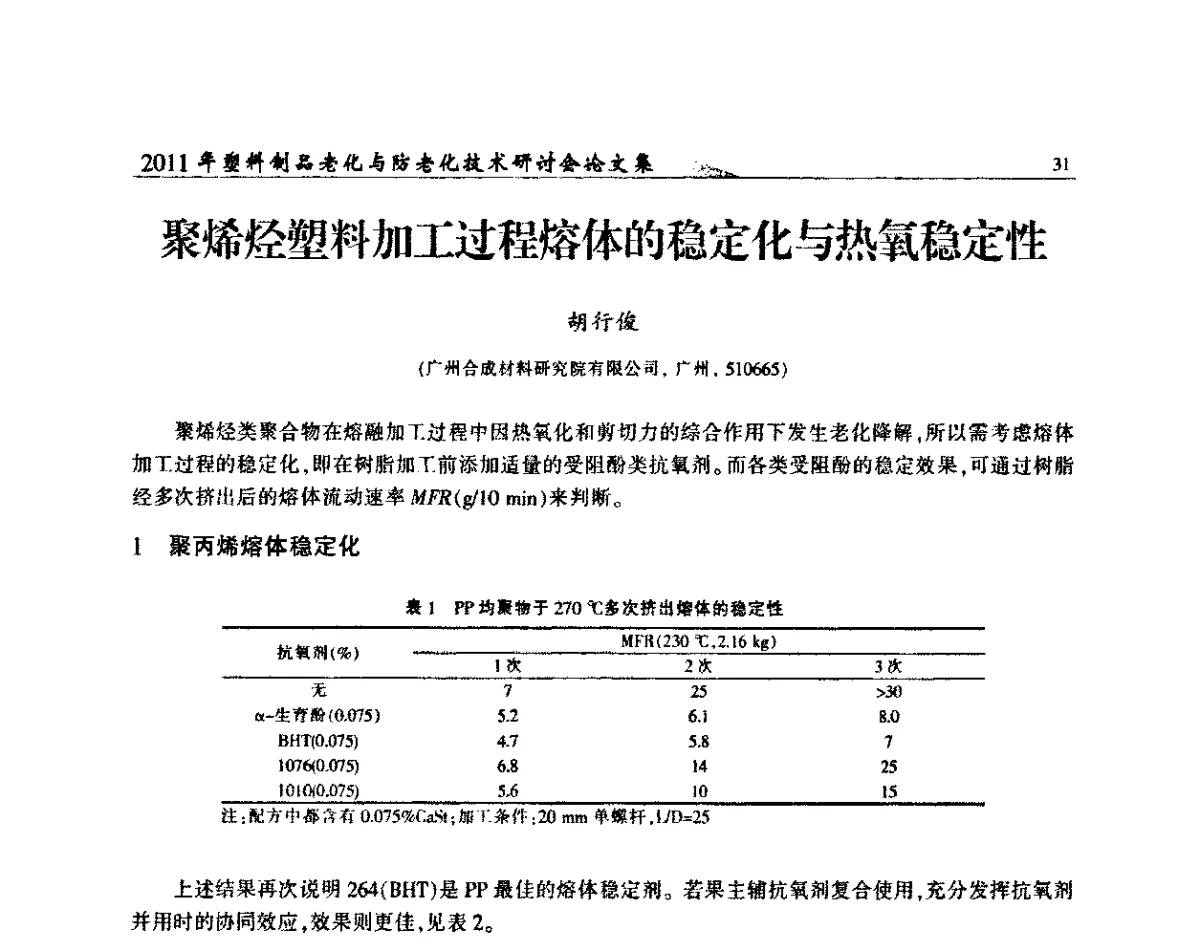 聚烯烃塑料加工过程熔体的稳定化与热氧稳定性 - 2011年塑料制品老化与防老化技术研讨会