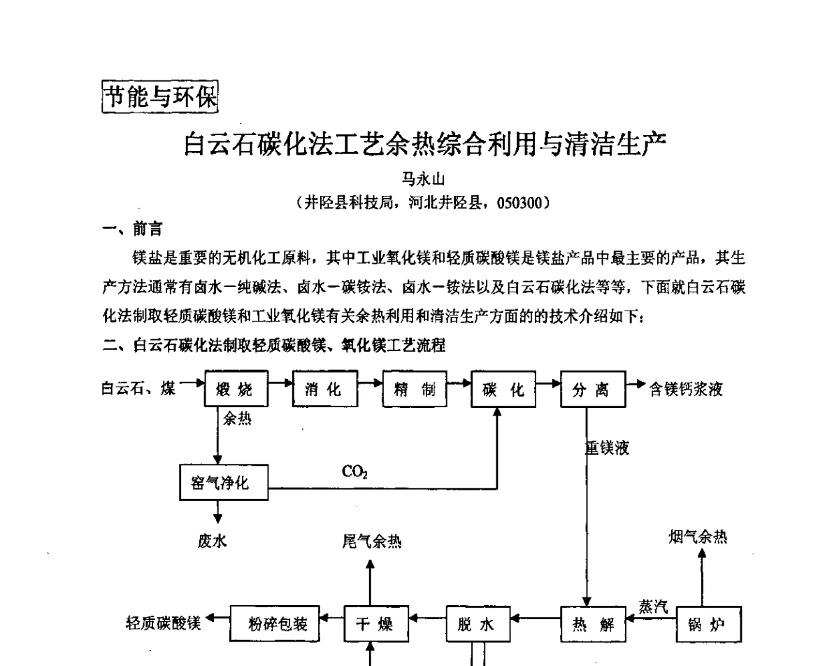 白云石碳化法工艺余热综合利用与清洁生产 - 2011年全国镁盐行业年会暨环保·阻燃·镁肥研讨会