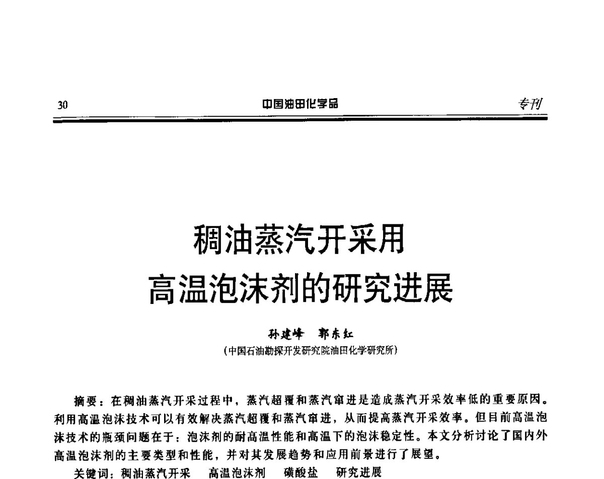 稠油蒸汽开采用高温泡沫剂的研究进展 - 第十三届中国油田化学品开发应用研讨会