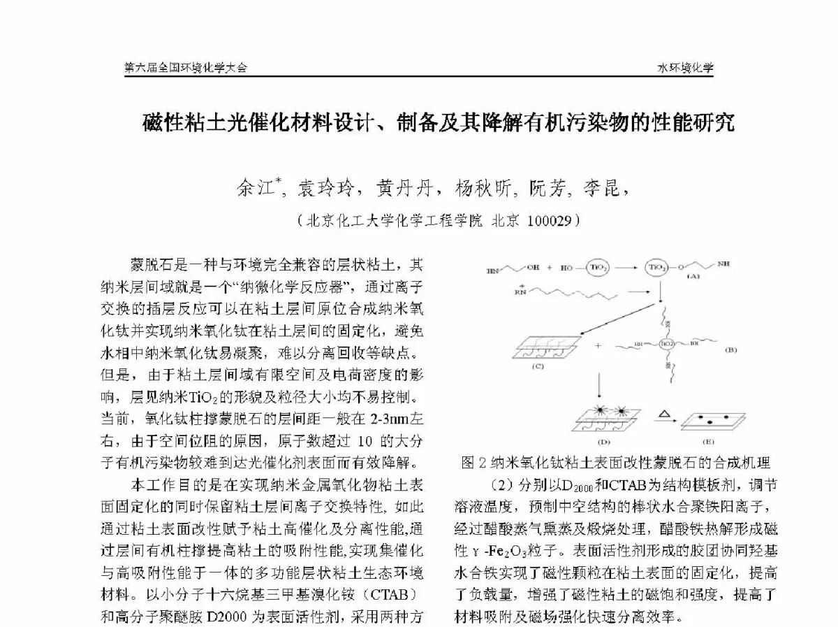 磁性粘土光催化材料设计、制备及其降解有机污染物的性能研究 - 第六届全国环境化学学术大会