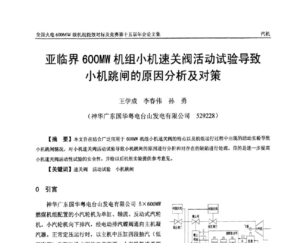 亚临界600MW机组小机速关阀活动试验导致小机跳闸的原因分析及对策 - 全国火电600MW级机组能效对标及竞赛第十五届年会