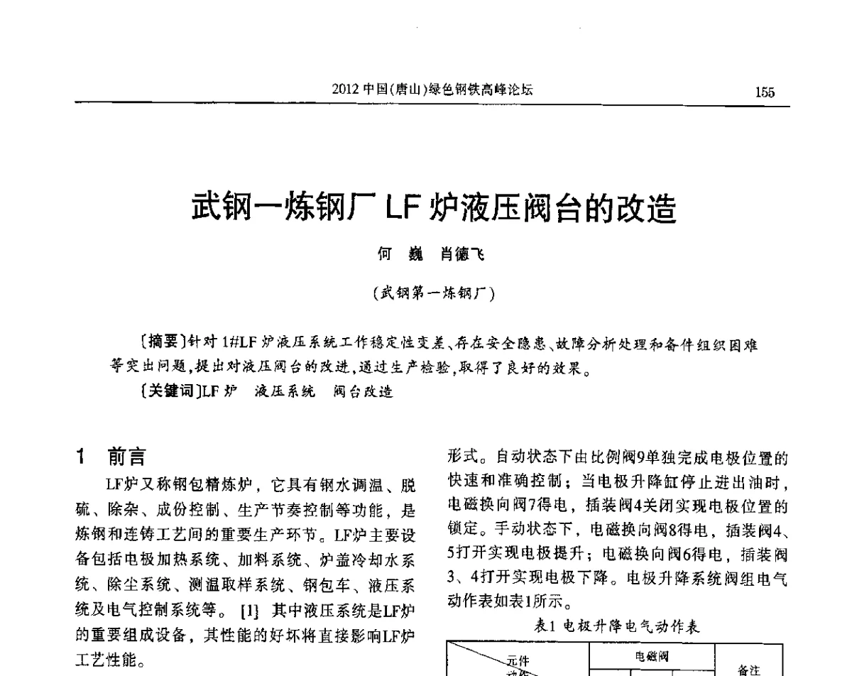 武钢一炼钢厂LF炉液压阀台的改造 - 2012中国(唐山)绿色钢铁高峰论坛暨冶金设备、节能减排技术推介会