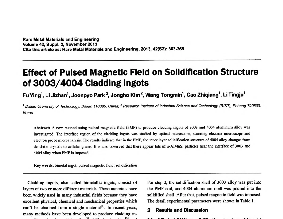 脉冲磁场对3003_4004复层铸锭凝固组织的影响 - 第四届高能束加工技术国际学术会议