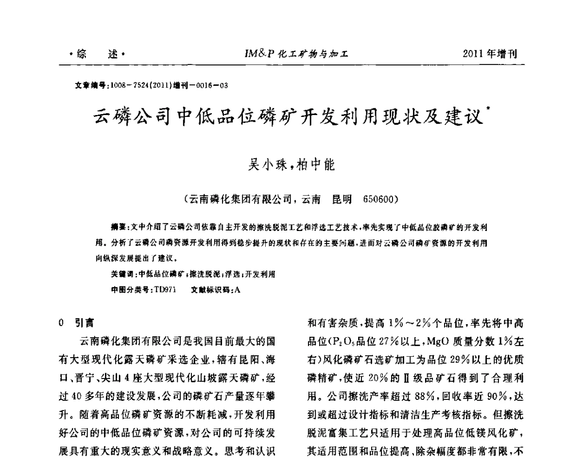云磷公司中低品位磷矿开发利用现状及建议 - 第六届世界磷矿加工大会