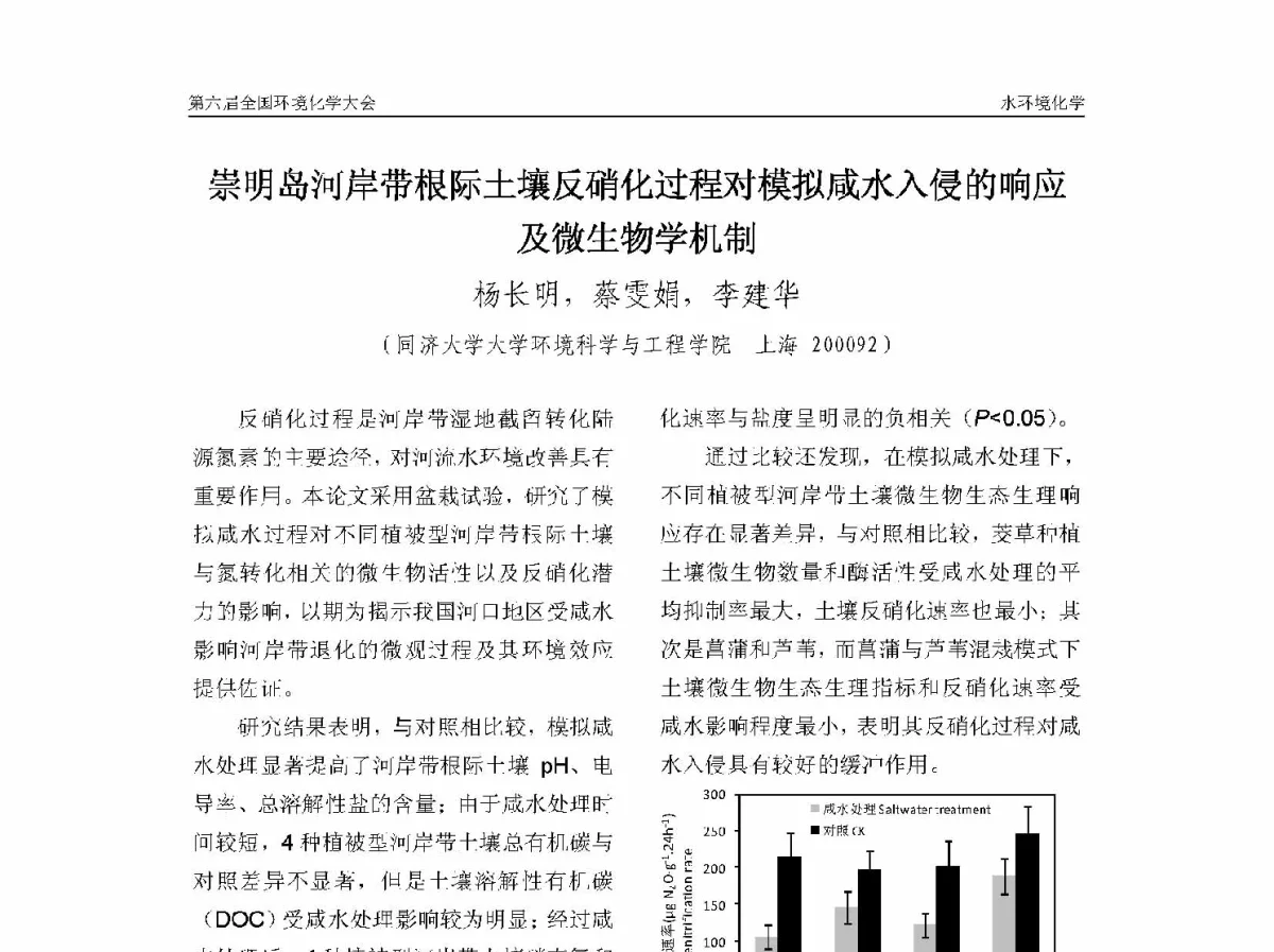 崇明岛河岸带根际土壤反硝化过程对模拟咸水入侵的响应及微生物学机制 - 第六届全国环境化学学术大会