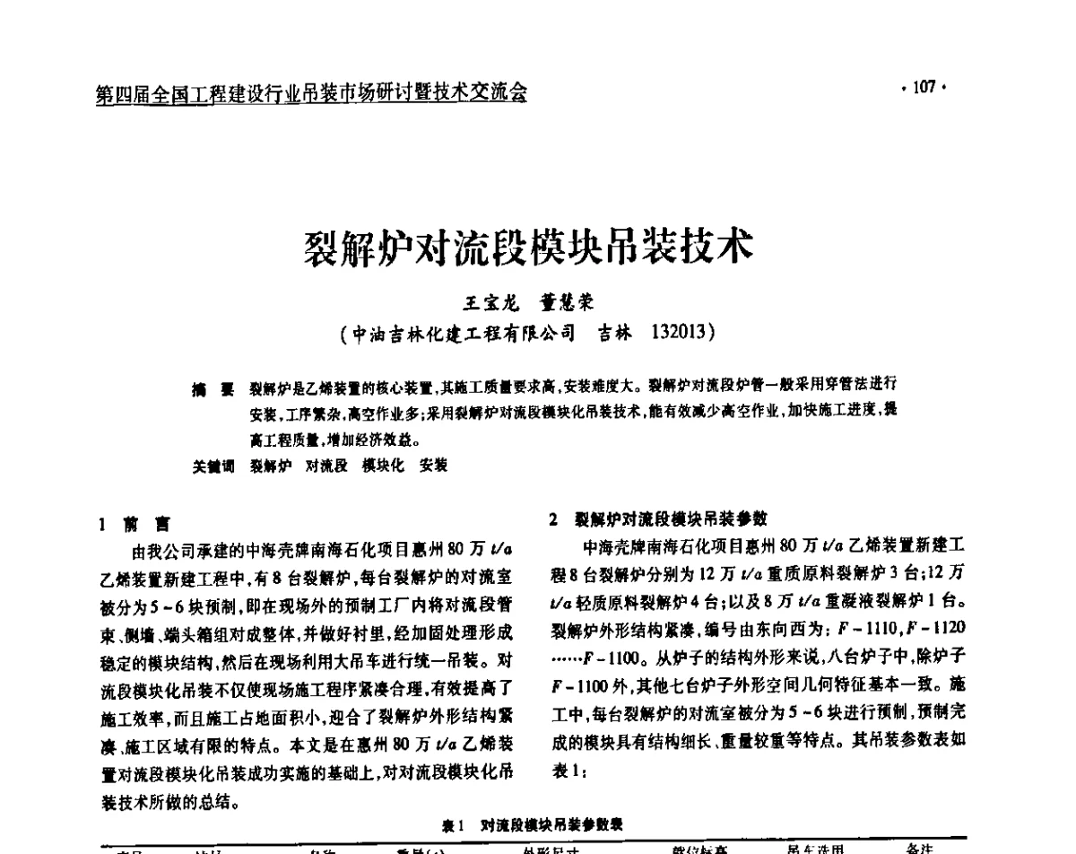 裂解炉对流段模块吊装技术 - 第四届全国工程建设行业吊装市场研讨暨技术交流会
