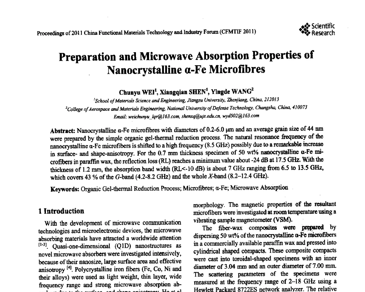 Preparation and Microwave Absorption Properties of Nanocrystalline α-Fe Microfibres - 2011中国功能材料科技与产业高层论坛