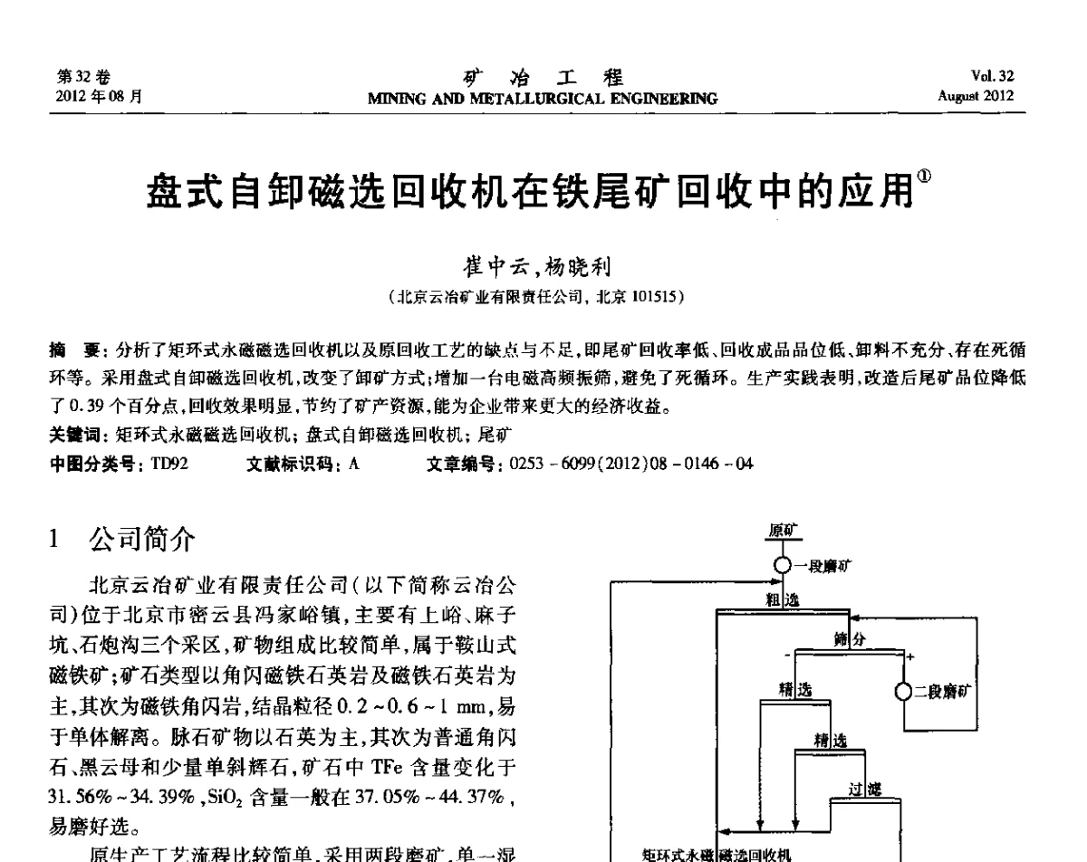 盘式自卸磁选回收机在铁尾矿回收中的应用 - 第六届全国选矿专业学术年会