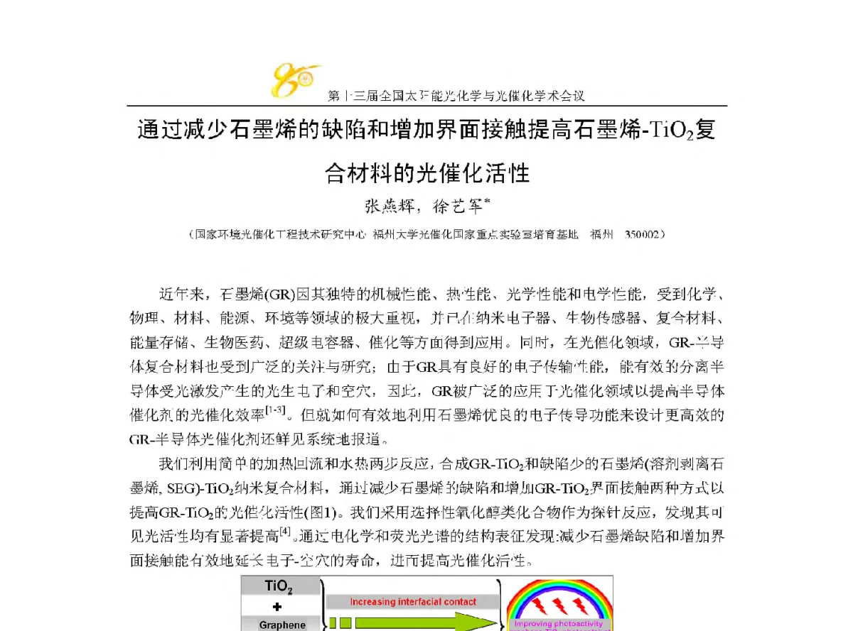 通过减少石墨烯的缺陷和增加界面接触提高石墨烯-TiO2复合材料的光催化活性 - 第十三届全国太阳能光化学与光催化学术会议