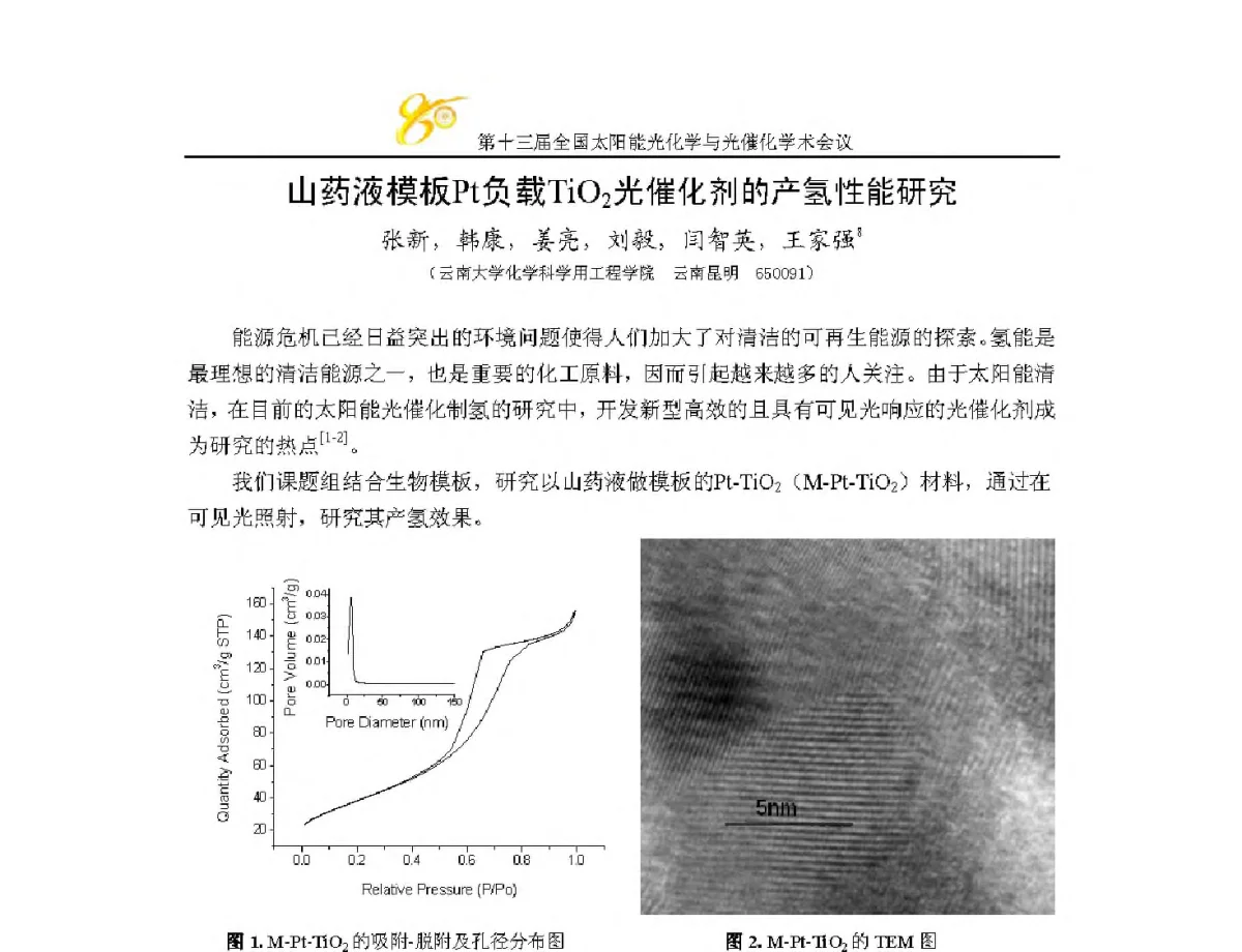 山药液模板Pt负载TiO2光催化剂的产氢性能研究 - 第十三届全国太阳能光化学与光催化学术会议