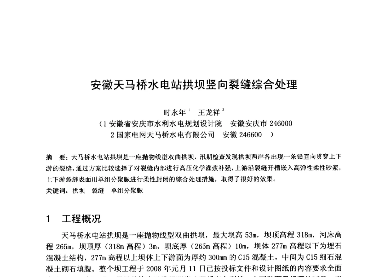 安徽天马桥水电站拱坝竖向裂缝综合处理 - 中国水利学会水工专业委员会第十届年会