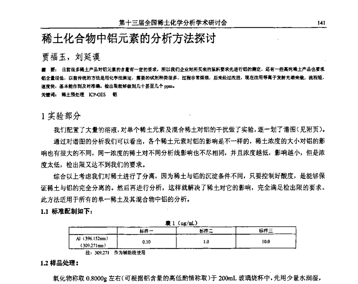 稀土化合物中铝元素的分析方法探讨 - 第十三届全国稀土化学分析学术研讨会