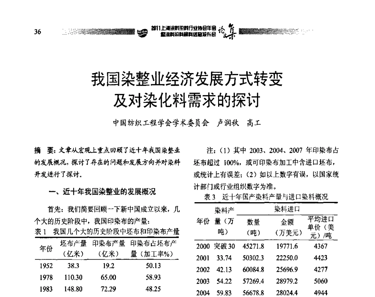 我国染整业经济发展方式转变及对染化料需求的探讨 - 2011上海涂料染料行业协会年会暨涂料染料颜料信息发布会