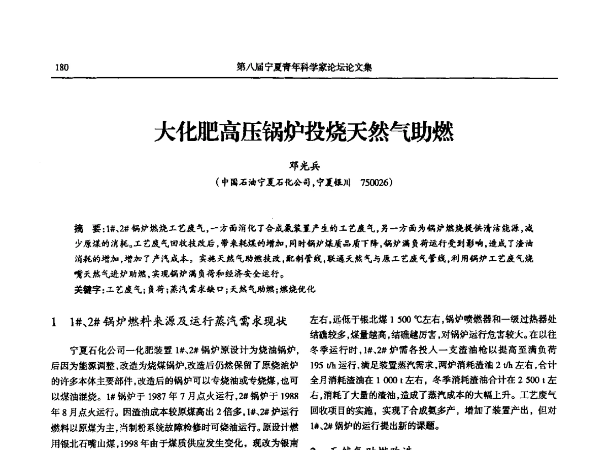 大化肥高压锅炉投烧天然气助燃 - 第八届宁夏青年科学家论坛石化专题论坛