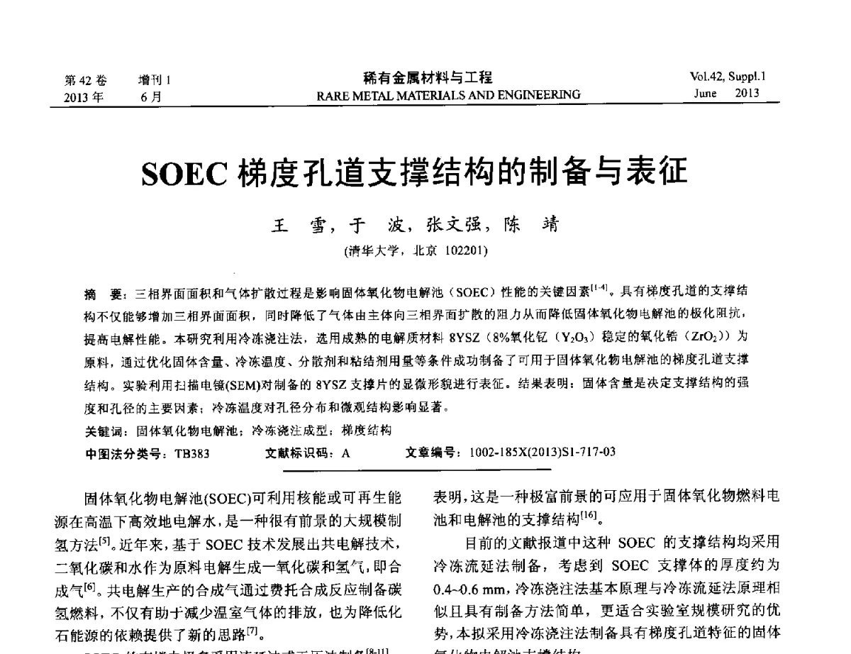 SOEC梯度孔道支撑结构的制备与表征 - 第十七届全国高技术陶瓷学术年会