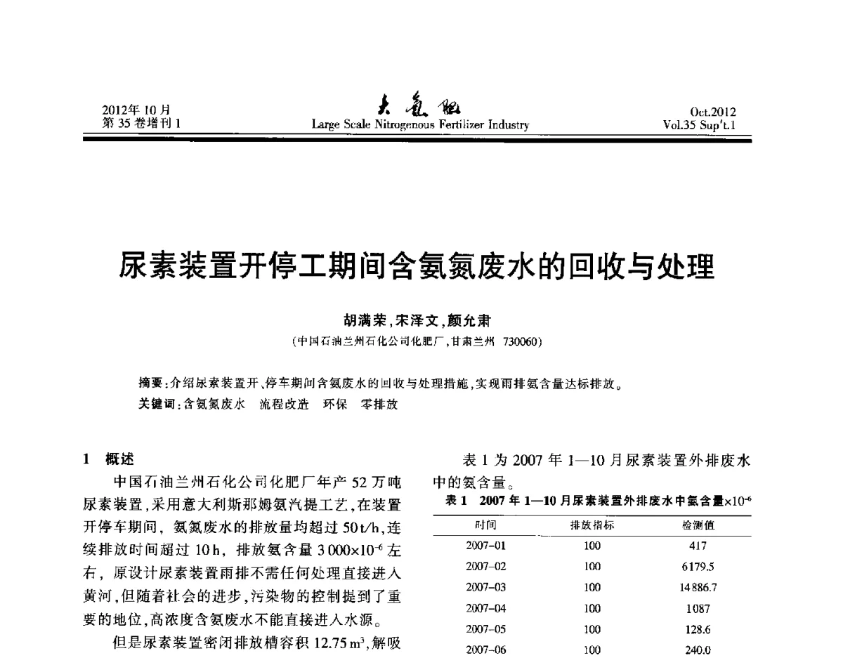 尿素装置开停工期间含氨氮废水的回收与处理 - 第十七届全国大型尿素装置技术年会