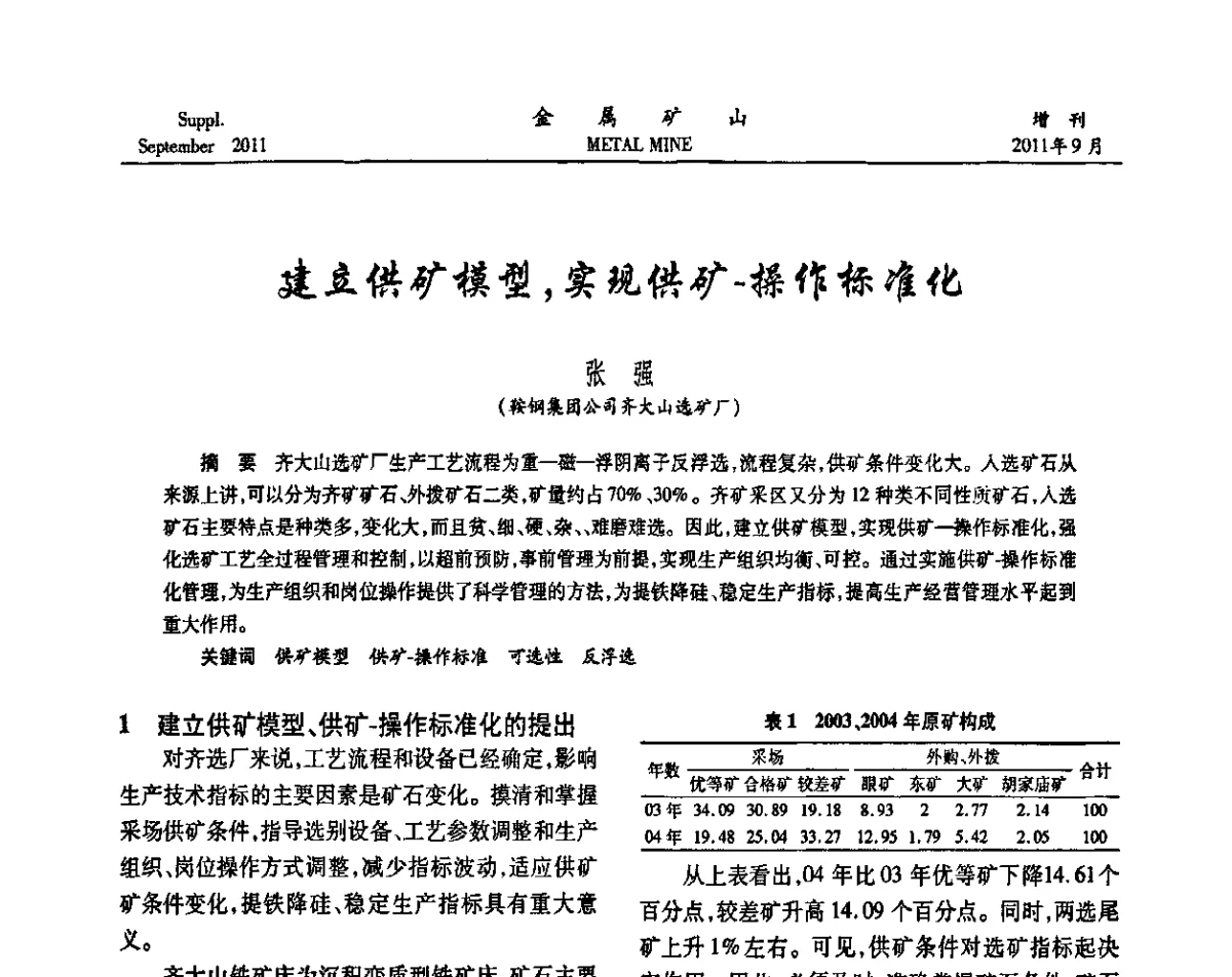 建立供矿模型，实现供矿.操作标准化 - 2011全国选矿学术高层论坛