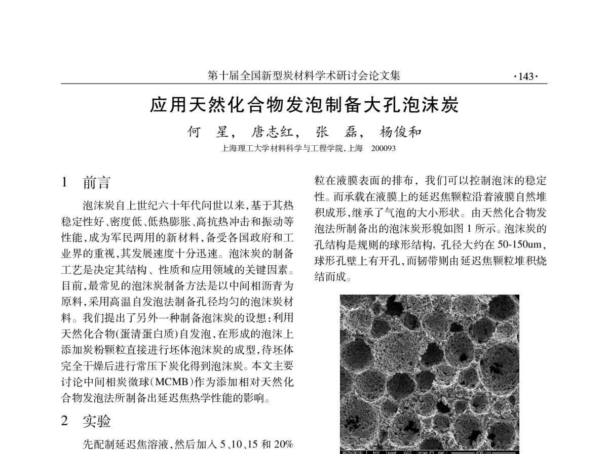 应用天然化合物发泡制备大孔泡沫炭 - 第十届全国新型炭材料学术研讨会