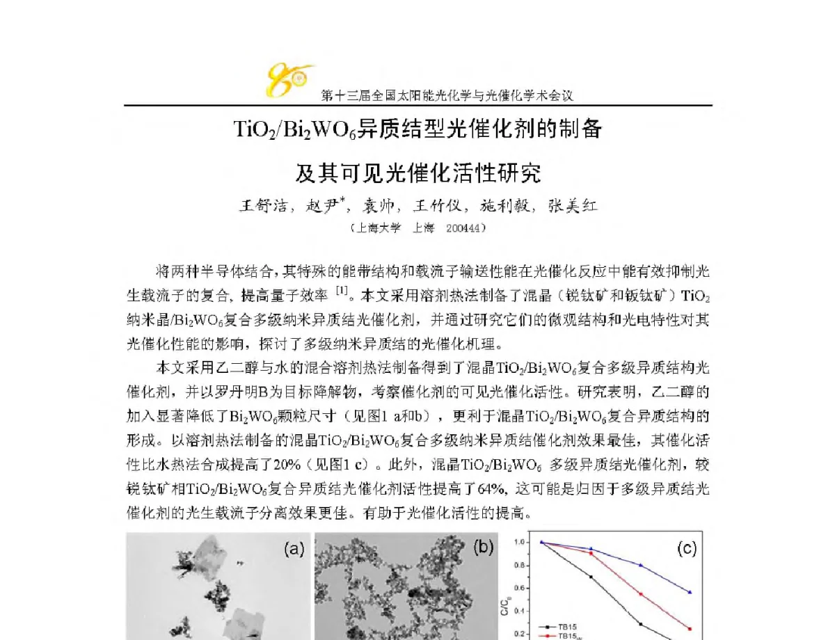 TiO2_Bi2WO6异质结型光催化剂的制备及其可见光催化活性研究 - 第十三届全国太阳能光化学与光催化学术会议