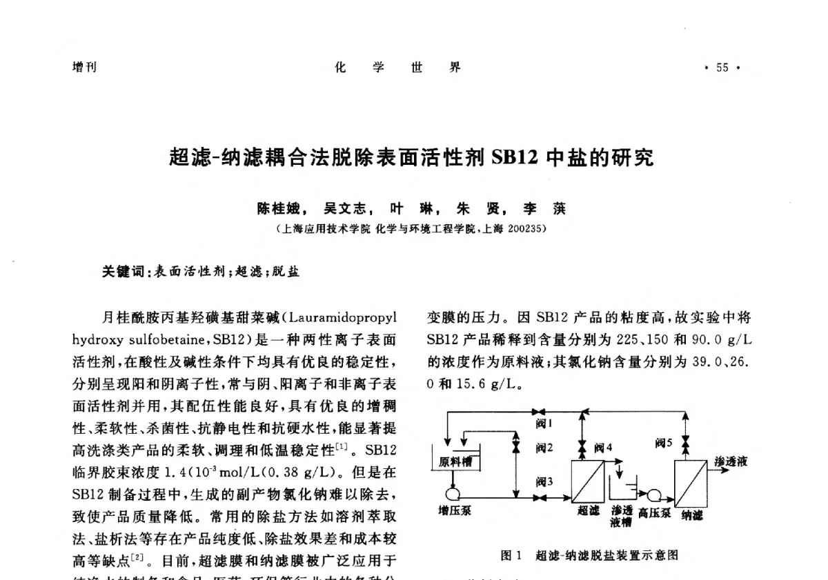 超滤-纳滤耦合法脱除表面活性剂SB12中盐的研究 - 上海市化学化工学会2012年度学术年会