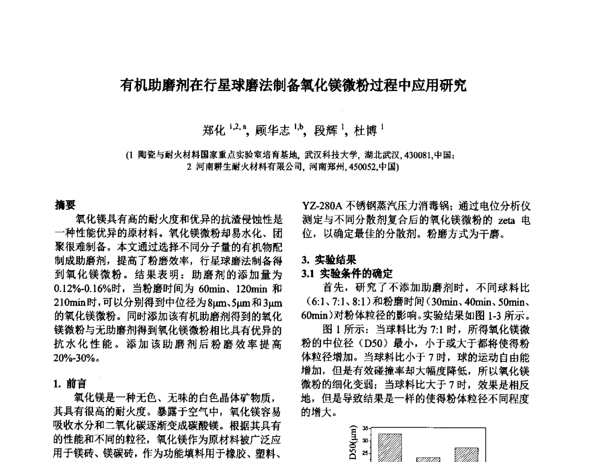有机助磨剂在行星球磨法制备氧化镁微粉过程中应用研究 - 第六届国际耐火材料会议