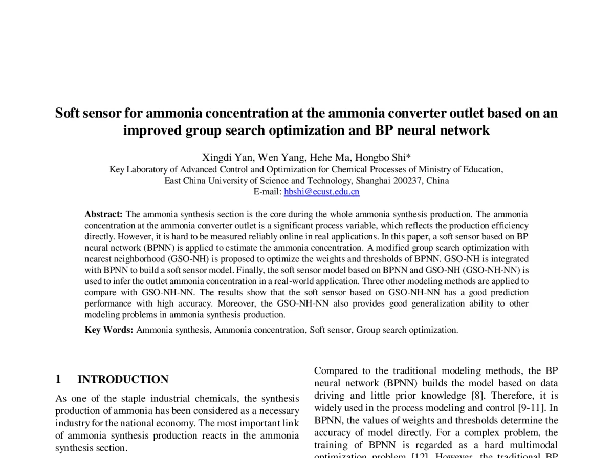 Soft sensor for ammonia concentration at the ammonia converter outlet based on an improved group search optimization and BP neural network - 第23届过程控制会议